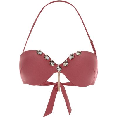 Pink embellished balconette string bikini top